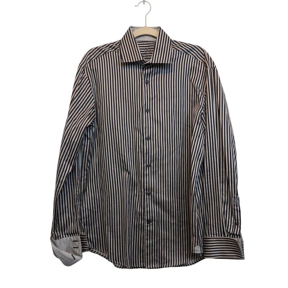 Bugatchi UOMO Mens Dress Shirt Navy Grey Stripes xLarge 16 1/5 34/35